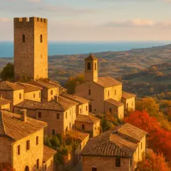 Borgo medievale in autunno, con torre imponente e case in pietra. Un paesaggio da fermo provincia, con colline e mare all'orizzonte.