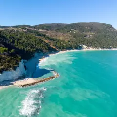 Vista aerea della spiaggia di Numana Alta, con le sue scogliere bianche, la pineta e il mare cristallino.