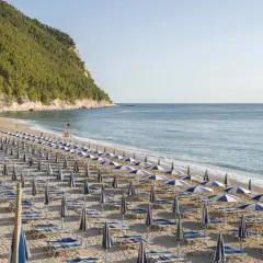 Spiaggia San Michele Sirolo: file ordinate di ombrelloni e lettini sulla sabbia dorata, con il mare azzurro e la collina verde sullo sfondo.