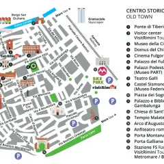 Mappa del centro storico di Rimini, ideale per chi vuole visitare Rimini. Indica luoghi d'interesse come il Ponte di Tiberio, il Tempio Malatestiano e il Castel Sismondo.