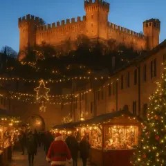 Magici mercatini di Natale nelle Marche, con bancarelle illuminate, un albero scintillante e un castello sullo sfondo.