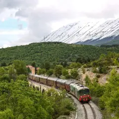 Treno storico attraversa un ponte in pietra, circondato da verde lussureggiante e montagne innevate. Un viaggio suggestivo sulla Transiberiana d'Italia.