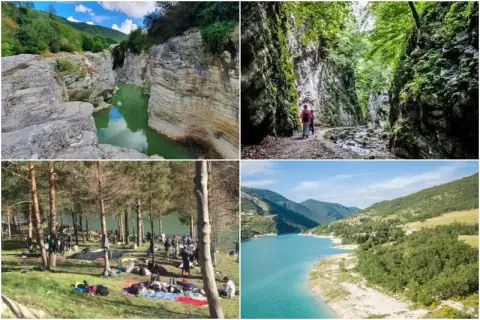 Idee per dove andare a Pasquetta: canyon con acqua verde, sentiero nel bosco, picnic in riva al lago, lago azzurro tra le montagne.