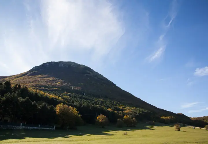 Ampio prato verde ai piedi del monte san vicino, con boschi autunnali e cielo azzurro.