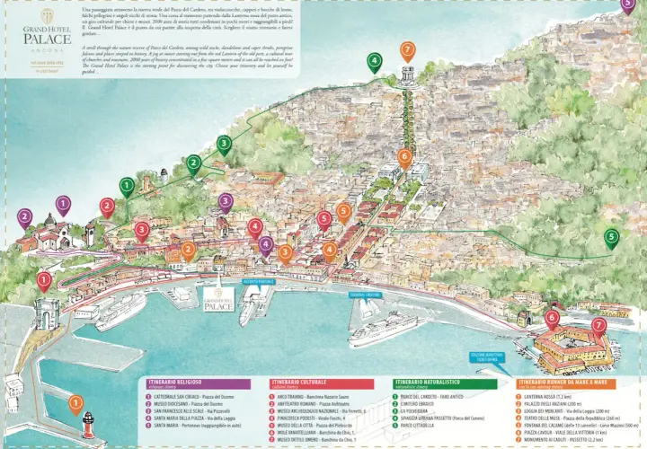 Mappa di Ancona con itinerari a piedi: cosa vedere in un giorno, dal porto alla città alta, tra storia e natura.