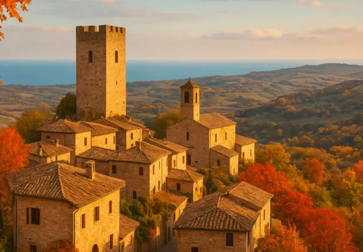 Borgo medievale in autunno, con torre imponente e case in pietra. Un paesaggio da fermo provincia, con colline e mare all'orizzonte.