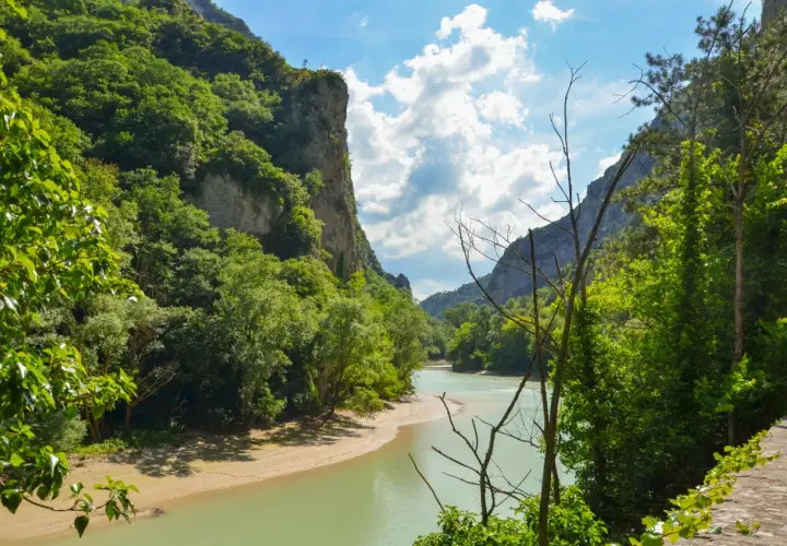 La **Gola del Furlo** vista dal fiume, con pareti rocciose ricoperte di vegetazione e un cielo azzurro con nuvole bianche.
