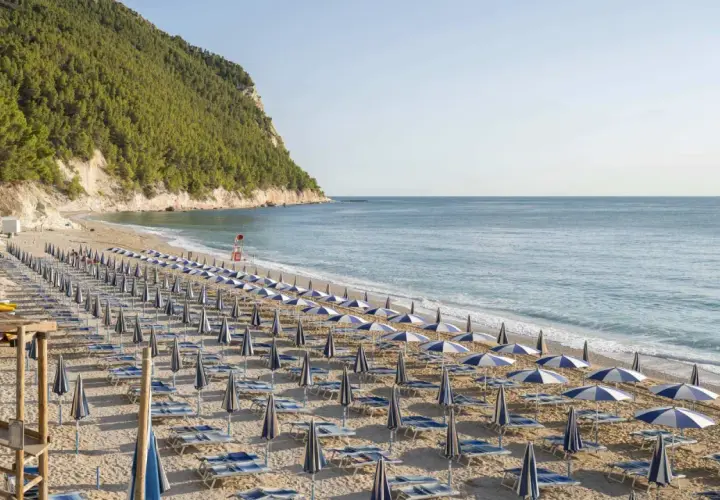 Spiaggia San Michele Sirolo: file ordinate di ombrelloni e lettini sulla sabbia dorata, con il mare azzurro e la collina verde sullo sfondo.