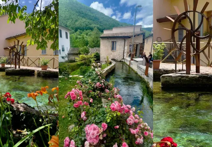 A picturesque village with a clear stream flowing through it, lined with flowers and old buildings.