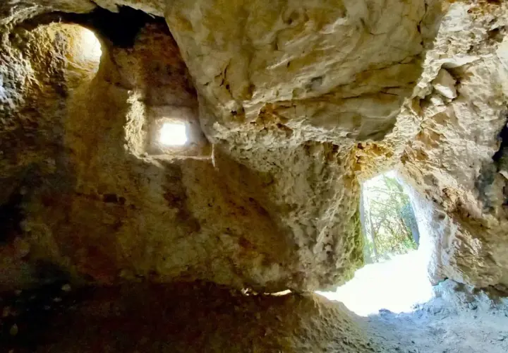 Interno della grotta del mortarolo, con aperture che illuminano le rocce calcaree e un'uscita verso il verde.