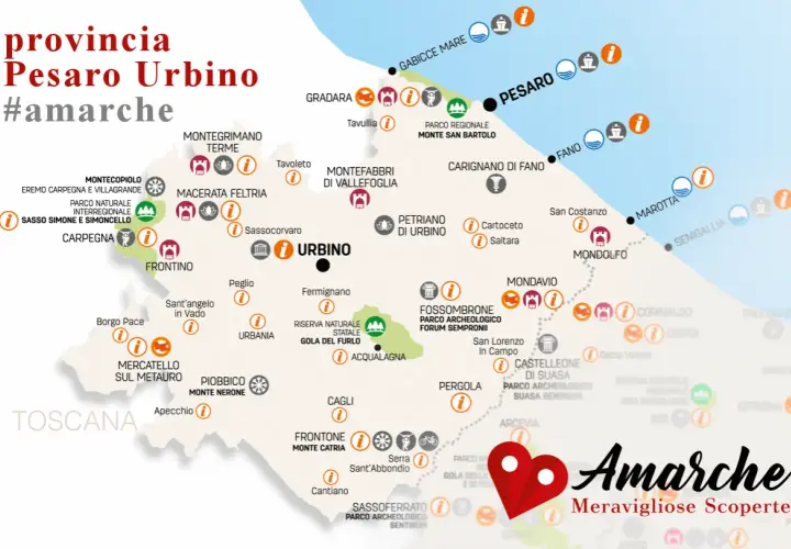 Mappa della provincia di Pesaro Urbino, con itinerari e luoghi d'interesse. Scopri le meraviglie di #amarche.