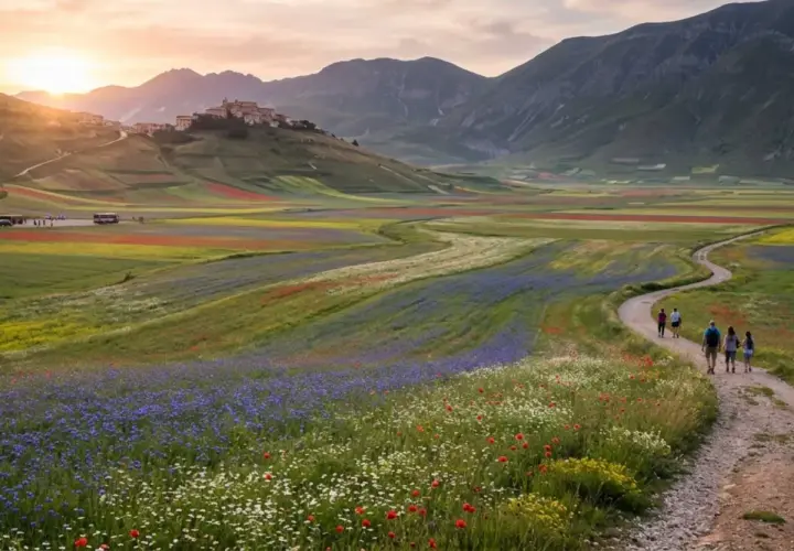 Pianura di Castelluccio di Norcia in fiore, con sentiero e persone che passeggiano tra campi colorati di rosso, blu e giallo.
