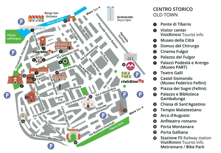 Mappa del centro storico di Rimini, ideale per chi vuole visitare Rimini. Indica luoghi d'interesse come il Ponte di Tiberio, il Tempio Malatestiano e il Castel Sismondo.
