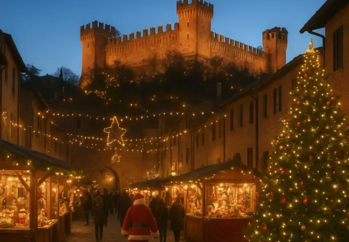 Magici mercatini di Natale nelle Marche, con bancarelle illuminate, un albero scintillante e un castello sullo sfondo.