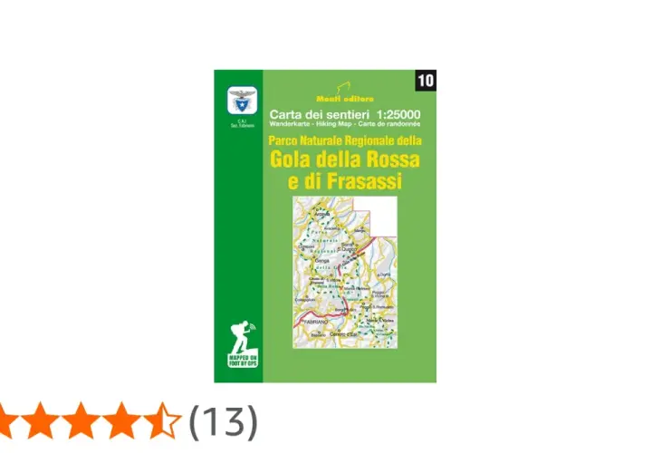 Copertina di una mappa escursionistica del Parco Naturale Regionale della Gola della Rossa e di Frasassi, con dettagli del sentiero e rating 4,5 stelle.