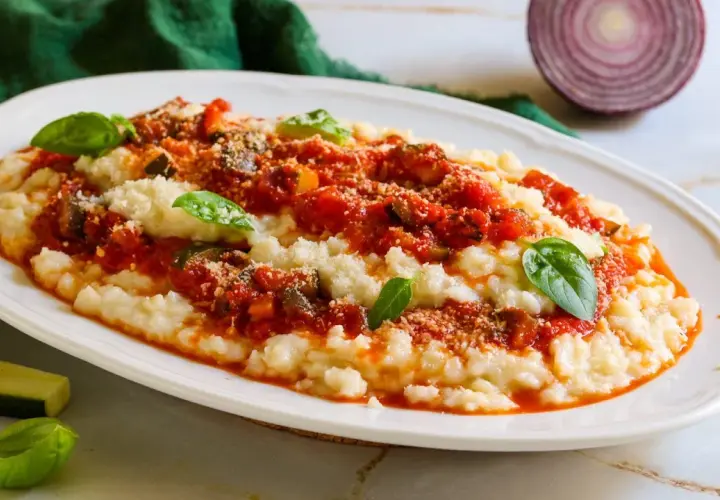 Frascarelli ricetta originale: un piatto cremoso con sugo di pomodoro, verdure e parmigiano, guarnito con basilico fresco.