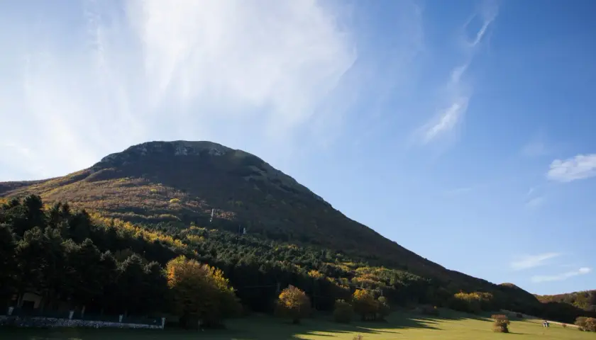Ampio prato verde ai piedi del monte san vicino, con boschi autunnali e cielo azzurro.