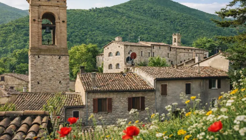 Esanatoglia cosa vedere: borgo medievale con torre campanaria, case in pietra e fiori colorati.