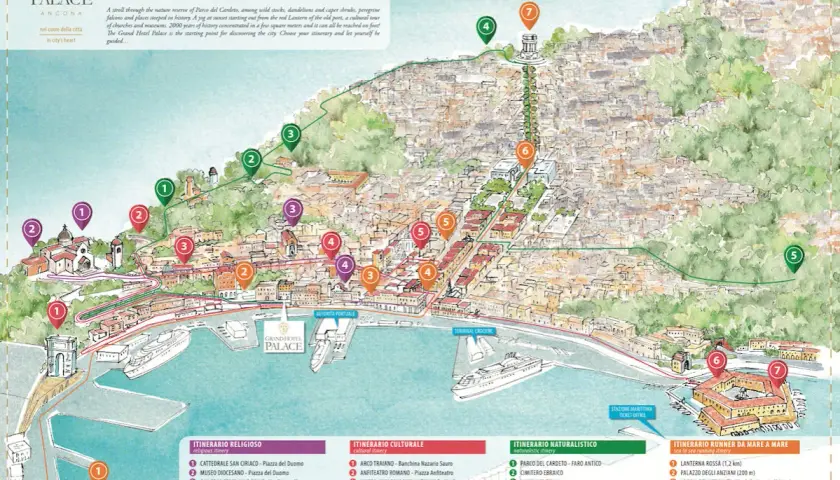 Mappa di Ancona con itinerari a piedi: cosa vedere in un giorno, dal porto alla città alta, tra storia e natura.