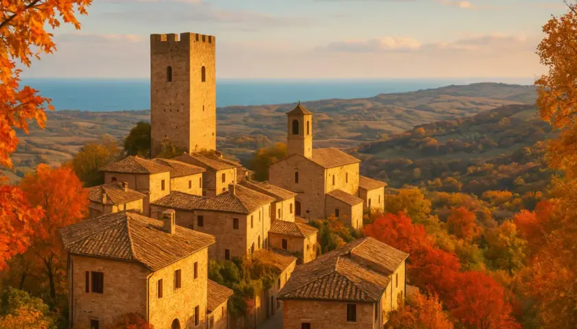 Borgo medievale in autunno, con torre imponente e case in pietra. Un paesaggio da fermo provincia, con colline e mare all'orizzonte.