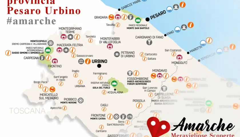 Mappa della provincia di Pesaro Urbino, con itinerari e luoghi d'interesse. Scopri le meraviglie di #amarche.