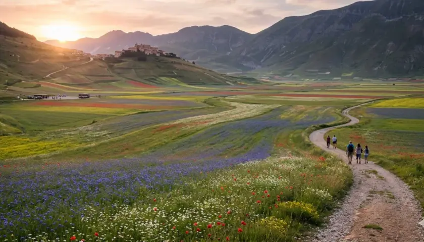 Pianura di Castelluccio di Norcia in fiore, con sentiero e persone che passeggiano tra campi colorati di rosso, blu e giallo.