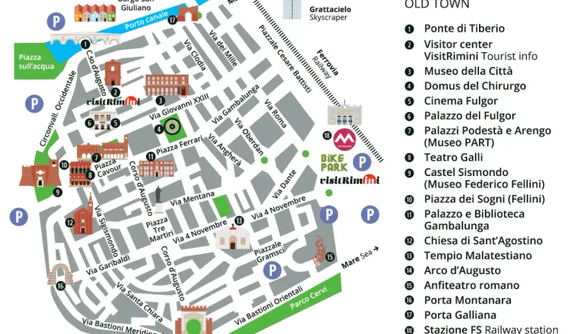 Mappa del centro storico di Rimini, ideale per chi vuole visitare Rimini. Indica luoghi d'interesse come il Ponte di Tiberio, il Tempio Malatestiano e il Castel Sismondo.