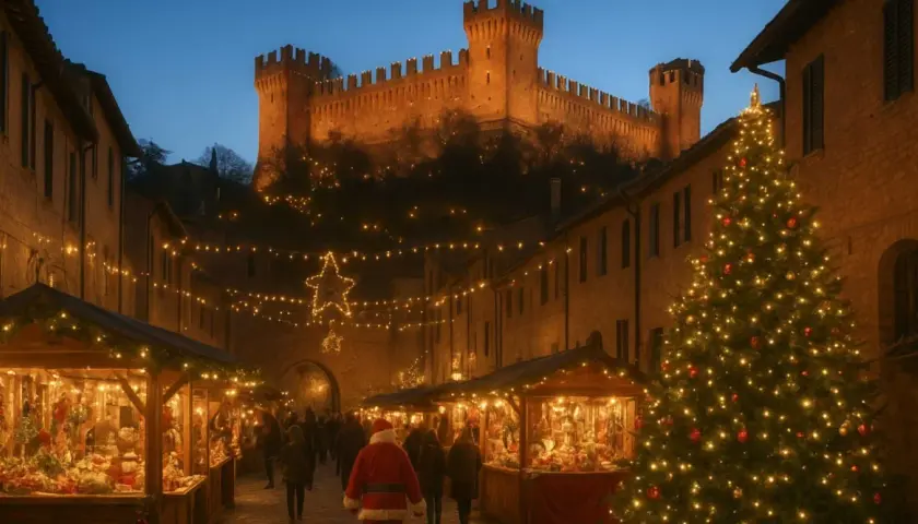 Magici mercatini di Natale nelle Marche, con bancarelle illuminate, un albero scintillante e un castello sullo sfondo.
