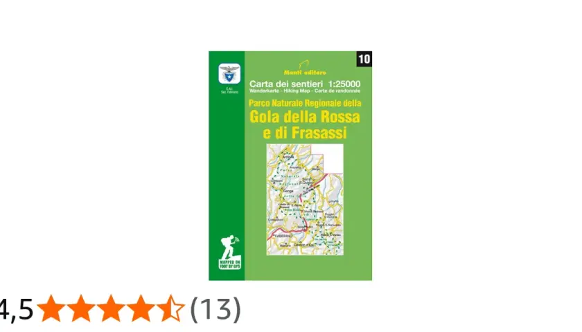 Copertina di una mappa escursionistica del Parco Naturale Regionale della Gola della Rossa e di Frasassi, con dettagli del sentiero e rating 4,5 stelle.