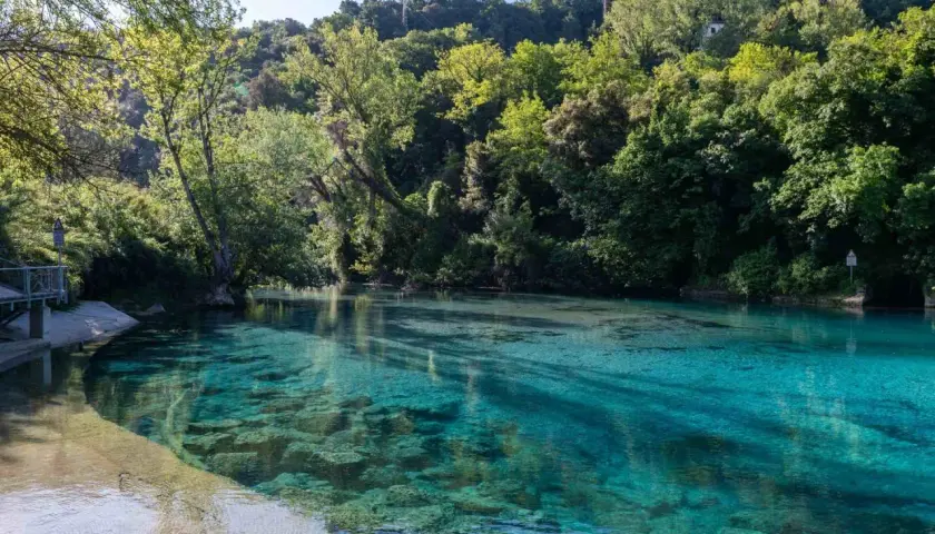 Acque cristalline del narni lago, circondato da una rigogliosa vegetazione verdeggiante.