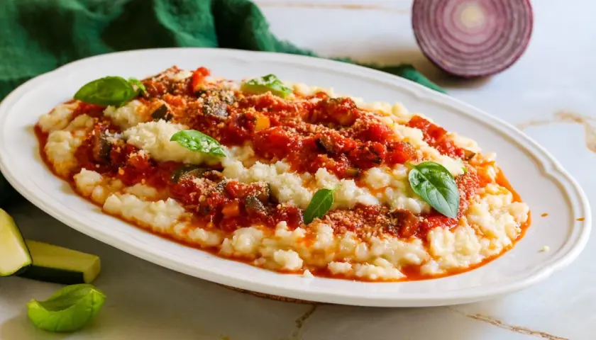 Frascarelli ricetta originale: un piatto cremoso con sugo di pomodoro, verdure e parmigiano, guarnito con basilico fresco.