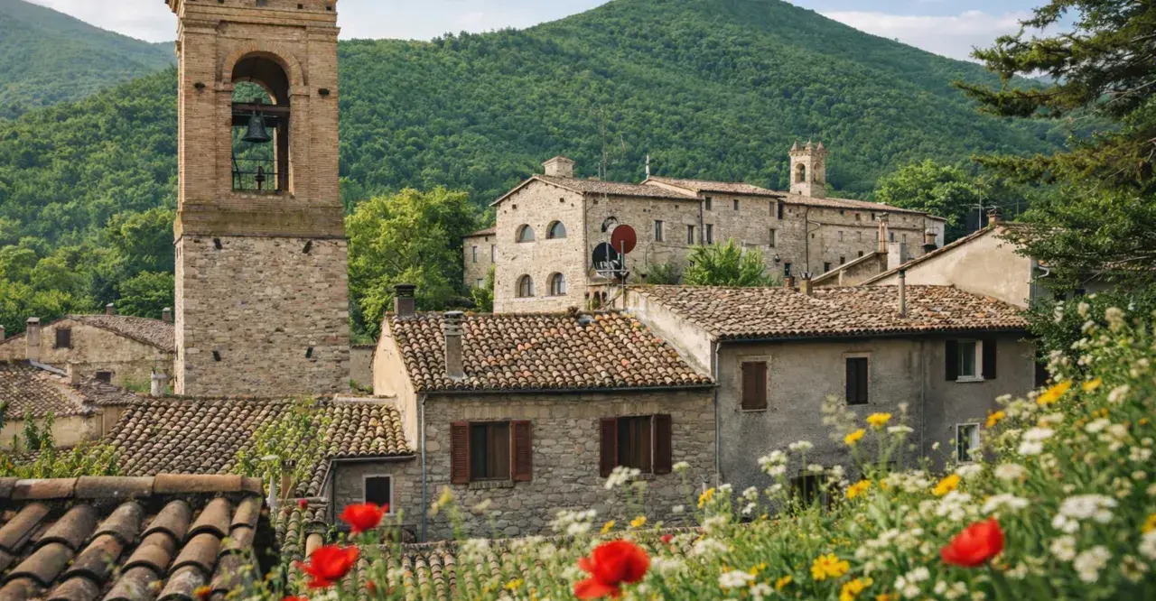 Esanatoglia cosa vedere: borgo medievale con torre campanaria, case in pietra e fiori colorati.