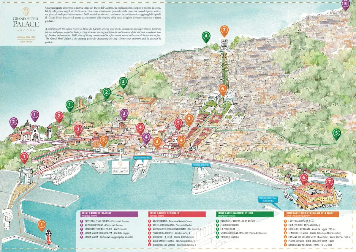 Mappa di Ancona con itinerari a piedi: cosa vedere in un giorno, dal porto alla città alta, tra storia e natura.