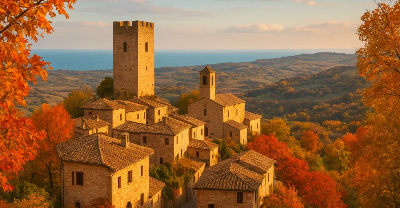 Borgo medievale in autunno, con torre imponente e case in pietra. Un paesaggio da fermo provincia, con colline e mare all'orizzonte.