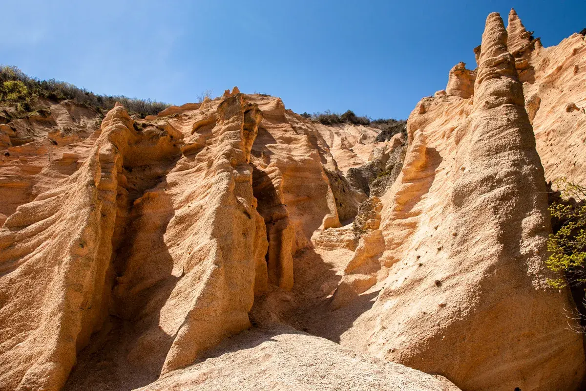 Formazioni rocciose color ocra, scolpite dal vento, sembrano **le lame rosse** di un canyon desertico sotto un cielo azzurro intenso.