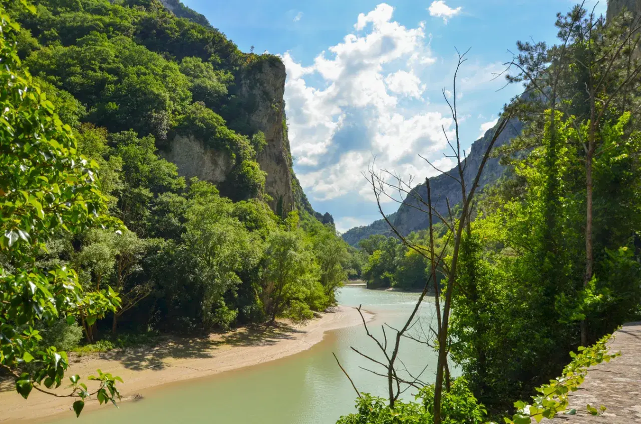 La **Gola del Furlo** vista dal fiume, con pareti rocciose ricoperte di vegetazione e un cielo azzurro con nuvole bianche.
