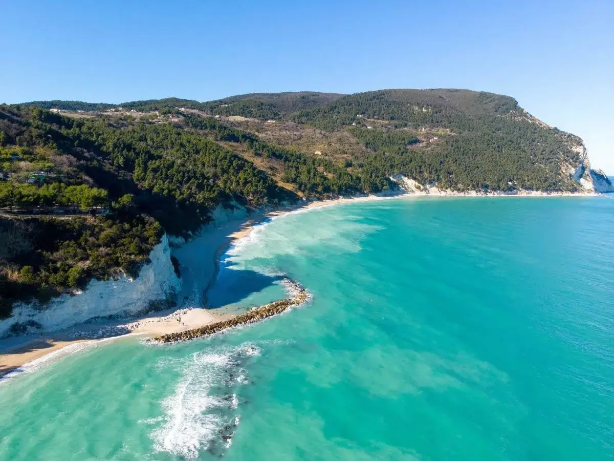 Vista aerea della spiaggia di Numana Alta, con le sue scogliere bianche, la pineta e il mare cristallino.