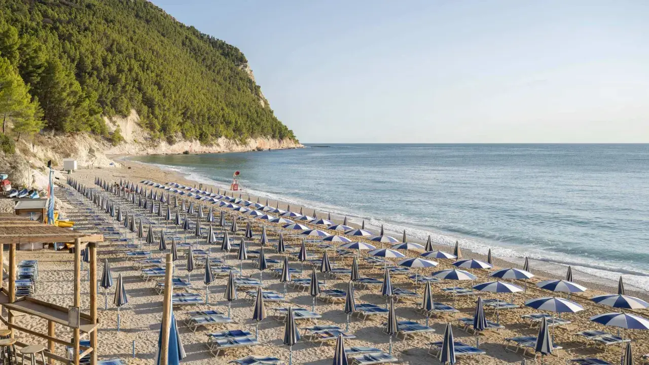 Spiaggia San Michele Sirolo: file ordinate di ombrelloni e lettini sulla sabbia dorata, con il mare azzurro e la collina verde sullo sfondo.