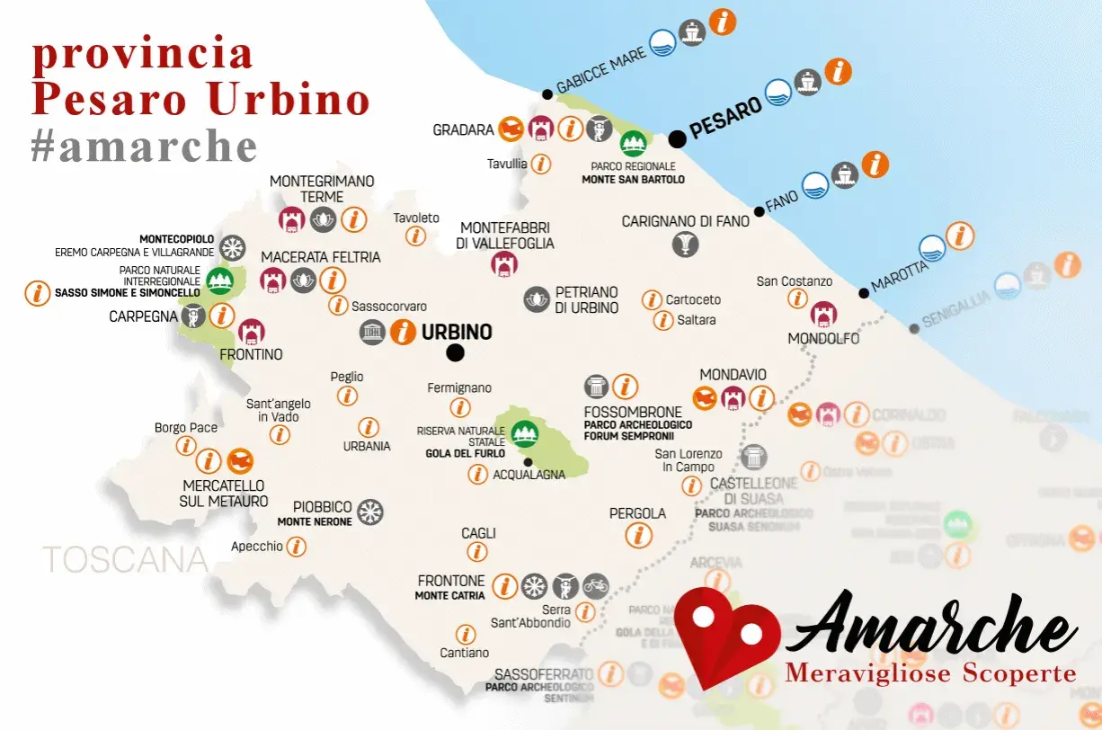 Mappa della provincia di Pesaro Urbino, con itinerari e luoghi d'interesse. Scopri le meraviglie di #amarche.