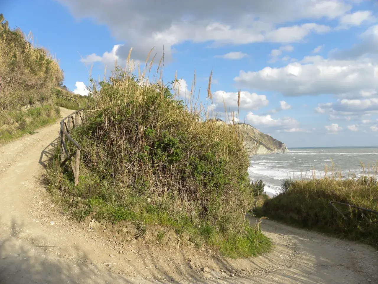 Sentiero sterrato con staccionata in legno, vegetazione rigogliosa e mare mosso. La mezzavalle discesa conduce verso la costa rocciosa.