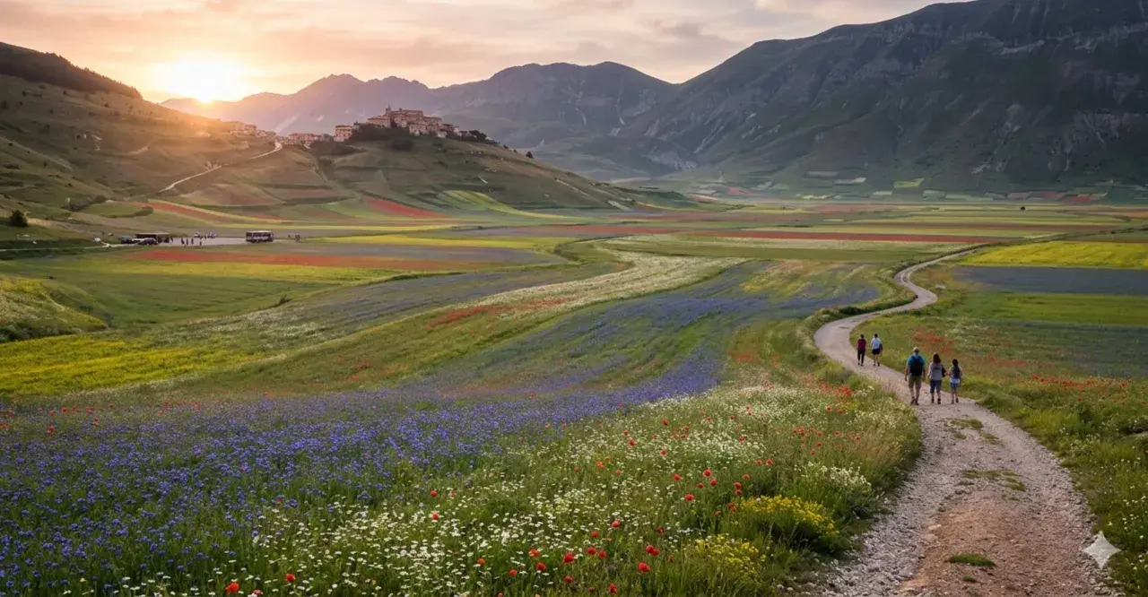 Pianura di Castelluccio di Norcia in fiore, con sentiero e persone che passeggiano tra campi colorati di rosso, blu e giallo.