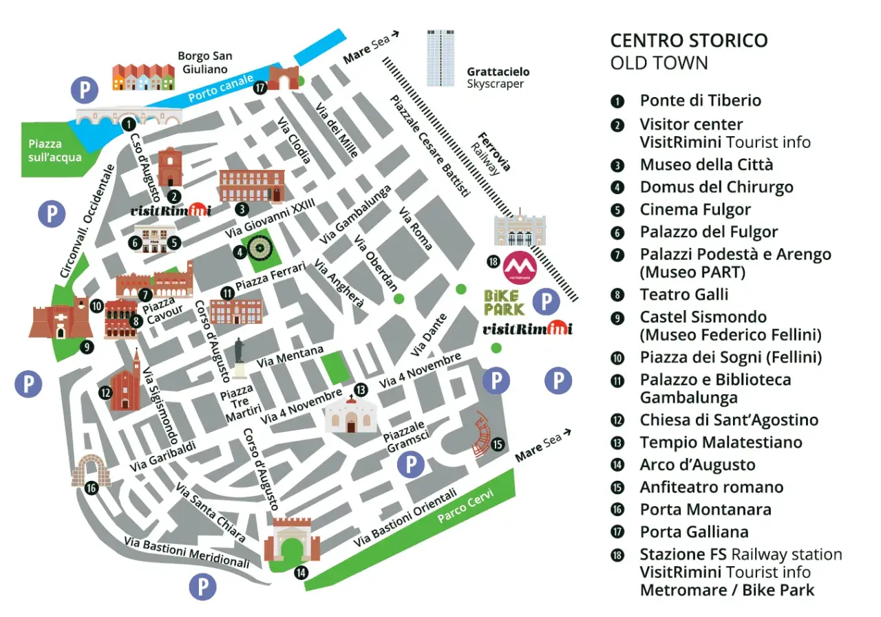 Mappa del centro storico di Rimini, ideale per chi vuole visitare Rimini. Indica luoghi d'interesse come il Ponte di Tiberio, il Tempio Malatestiano e il Castel Sismondo.