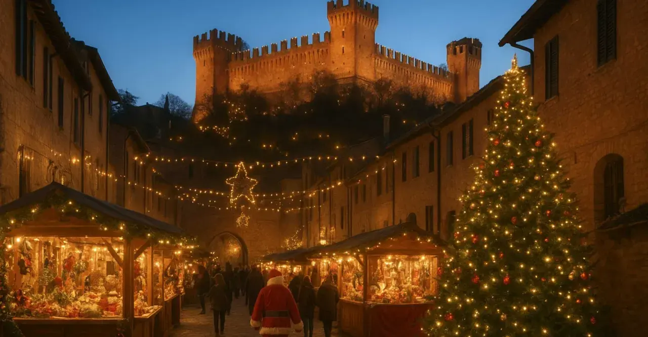 Magici mercatini di Natale nelle Marche, con bancarelle illuminate, un albero scintillante e un castello sullo sfondo.
