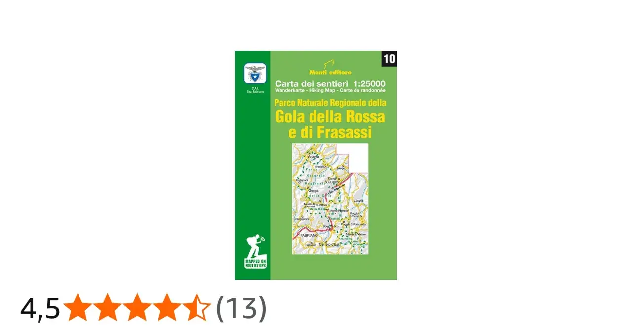 Copertina di una mappa escursionistica del Parco Naturale Regionale della Gola della Rossa e di Frasassi, con dettagli del sentiero e rating 4,5 stelle.
