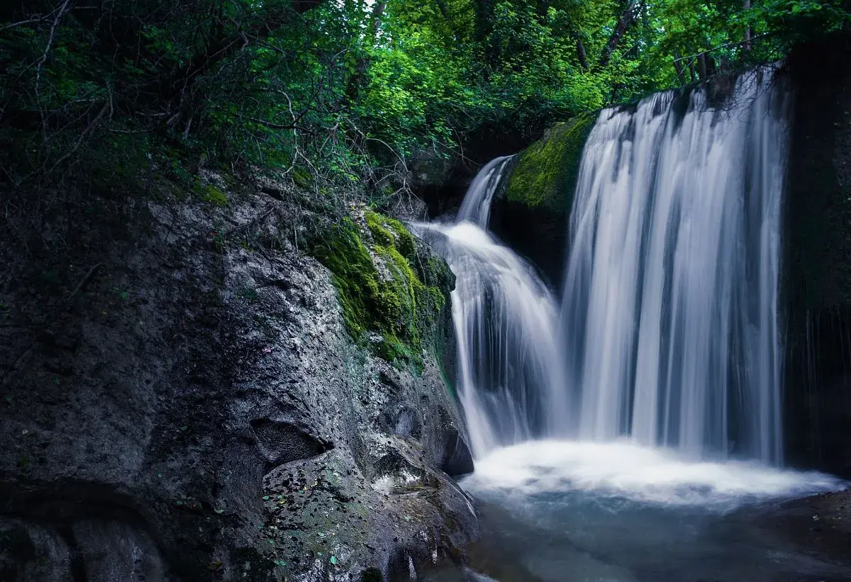 Cascate nelle Marche, un'oasi di pace tra rocce muschiose e vegetazione rigogliosa. L'acqua scende impetuosa, creando un velo bianco e setoso.