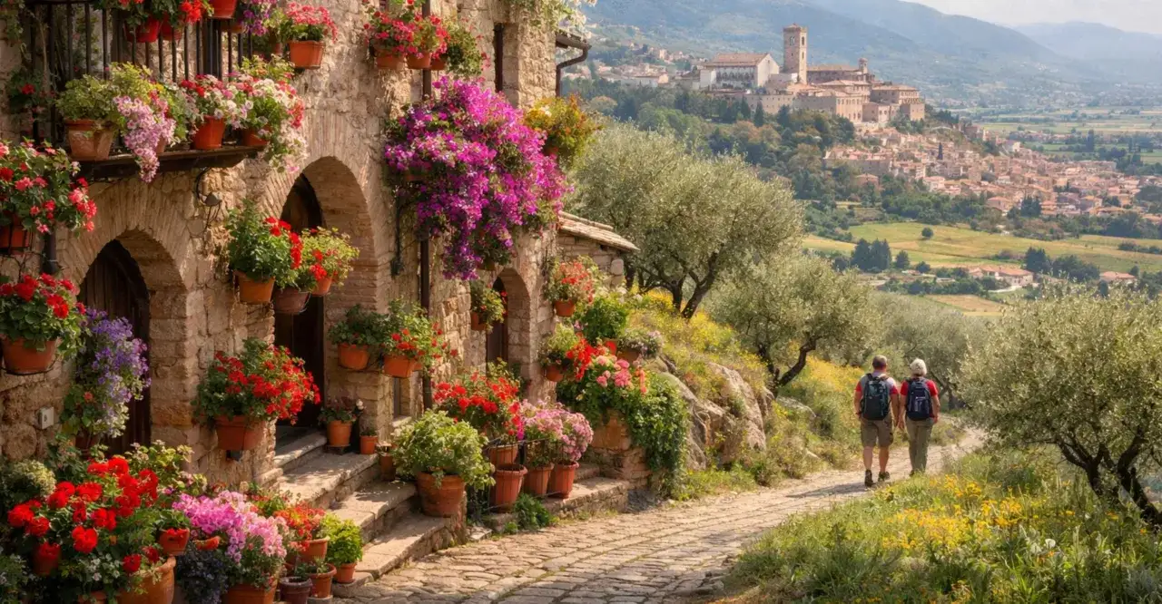 Un sentiero fiorito conduce a Spello, un borgo umbro da scoprire in un giorno. Un invito a esplorare le sue bellezze.