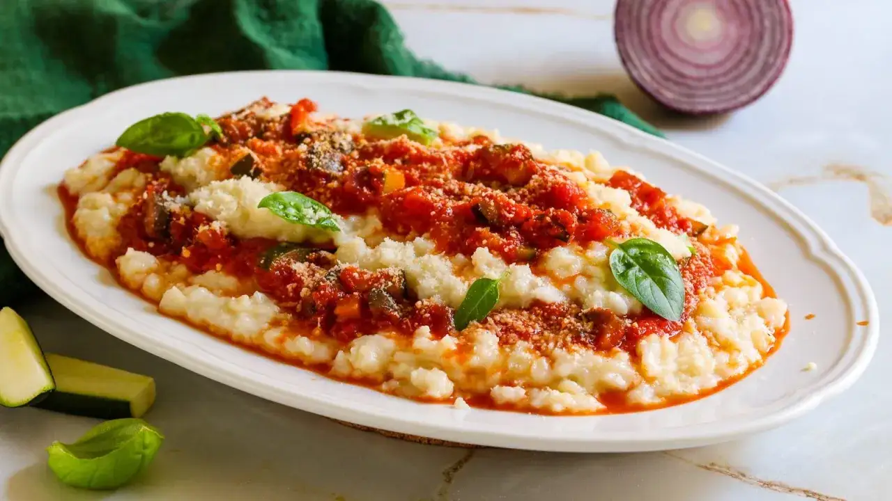 Frascarelli ricetta originale: un piatto cremoso con sugo di pomodoro, verdure e parmigiano, guarnito con basilico fresco.
