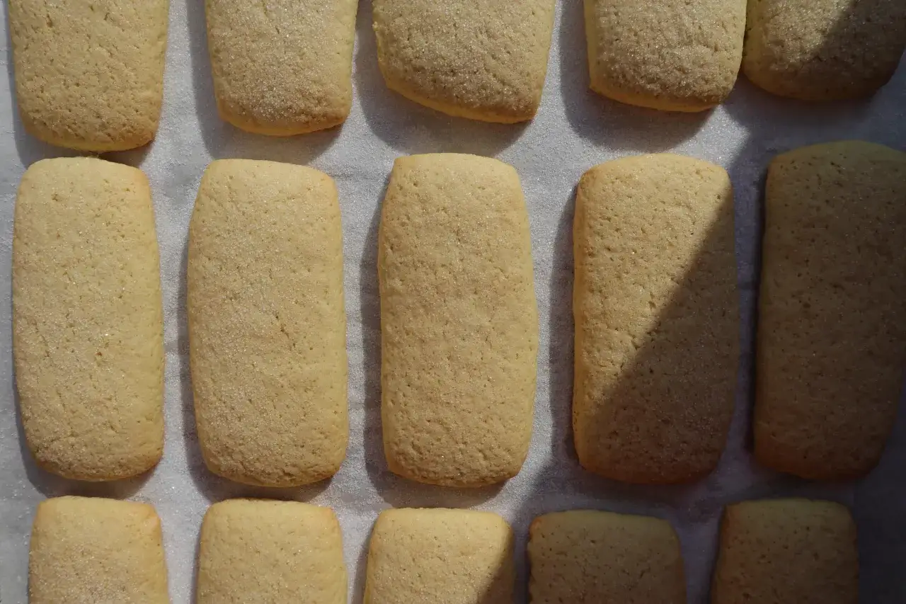 Biscotti con ammoniaca marchigiani, dorati e cosparsi di zucchero, pronti per essere gustati.